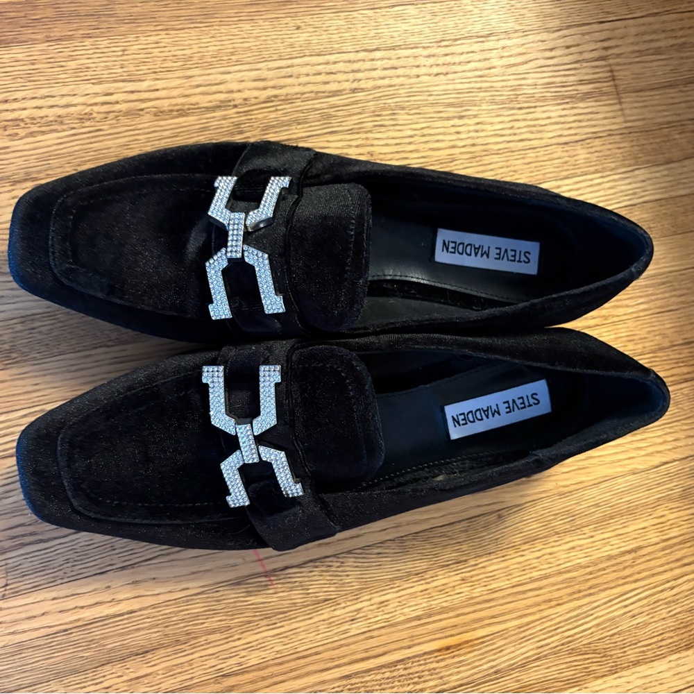 Steve Madden Black Loafers with Rhinestone Detail